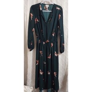 Ava & Viv Womens Plus Size X Emerald Green Floral Long Sleeve Midi Dress V-Neck